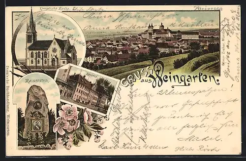 Lithographie Weingarten, Totalansicht, Evang. Kirche, kaserne, Kaiserstein