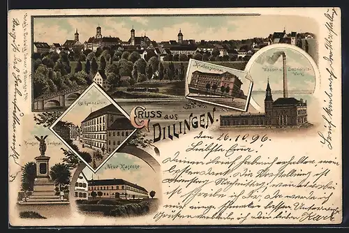 Lithographie Dillingen, Gesamtansicht, Knabenseminar, Kgl. Gymnasium