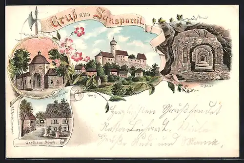 Lithographie Sanspareil, Gasthaus Münth Speisesaal, Theater, Burg