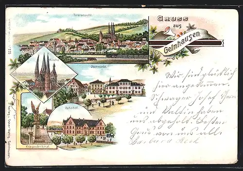 Lithographie Gelnhausen, Totalansicht, Bahnhof, Kirche, Obermarkt