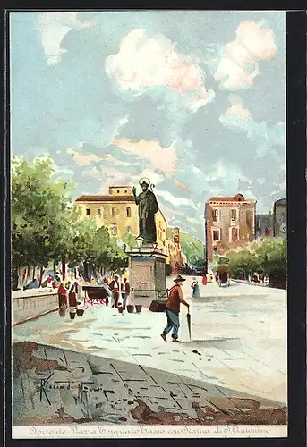 Lithographie Sorrento, Piazza Torquato Tasso con Statua di S. Antonio