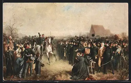 AK Breslau, Jahrhundertpostkarte 1813-1913, Aufruf an mein Volk, Freiwillige vor König Friedrich Wilhelm III., Soldaten