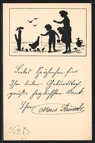 Künstler-AK Carus: Mutter und Sohn füttern die Hühner, Schattenbild