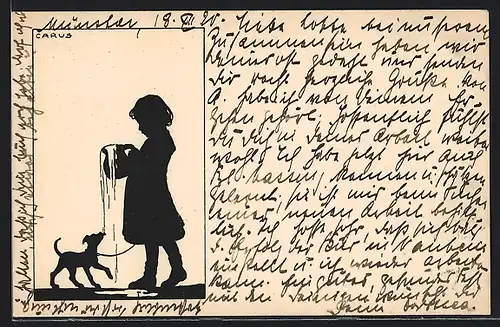 Künstler-AK Carus: Mädchen gibt ihrem Hund zu trinken, Schattenbild