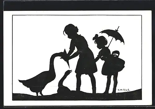 Künstler-AK Carus: Berliner Tierschutz-Verein, Mädchen füttern Gänse, Schattenbild