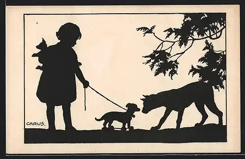 Künstler-AK Carus: Hund beschnuppert den Spielzeugdackel eines Mädchens, Schattenbild