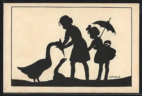 Künstler-AK Carus: Mädchen füttern Gänse, Schattenbild
