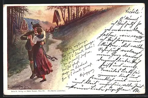 Künstler-AK E. Döcker: Jäger tanzt mit seiner Frau im Wald