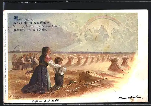 Künstler-AK E. Döcker: Vater unser, der du bist im Himmel, Bauern bei der Ernte, Frau mit Jungen
