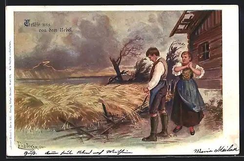 Künstler-AK E. Döcker: Vater unser, Erlöse uns von dem Uebel, Bauernpaar vor zerstörter Ernte