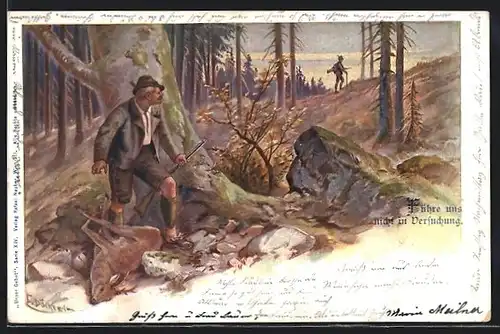 Künstler-AK E. Döcker: Wilderer mit erlegtem Rehbock versteckt sich vor dem Jäger