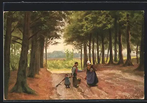 Künstler-AK Johan Georg Gerstenhauer: Bauernpaar mit Tochter auf Waldweg