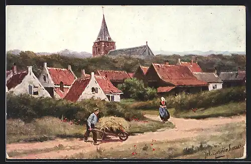Künstler-AK Johan Georg Gerstenhauer: Bauer mit beladener Karre vor einem Ort