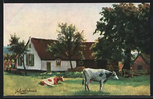 Künstler-AK Johan Georg Gerstenhauer: Kühe auf Weide vor Bauernhof