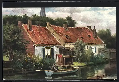 Künstler-AK Johan Georg Gerstenhauer: Ein Mann sitzt in einem Ruderboot auf einem Kanal vor einem Haus