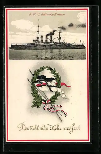 AK Kriegsschiff SMS Schleswig-Holstein, Reichskriegsflagge und Siegeskranz