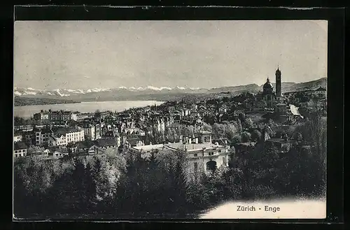 AK Zürich-Enge, Stadtansicht mit den schneebedeckten Bergen