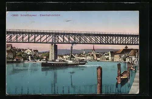 AK Schaffhausen, Eisenbahnbrücke mit Dampfer