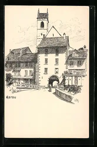 Künstler-AK Aarau, Frau vor dem Stadttor