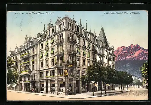 AK Luzern, Schiller-Hotel Garni, Pilatusstrasse mit Pilatus