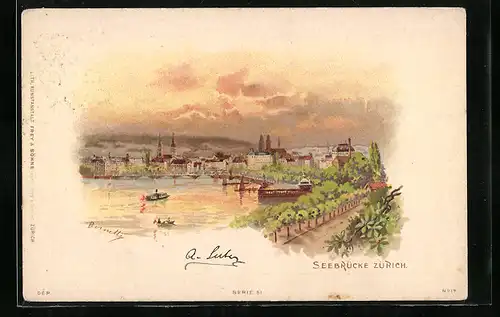 Künstler-AK Zürich, Seebrücke im Abendrot
