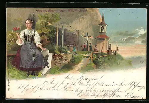 Lithographie Appenzell, Wildkirchlein und Dame in Appenzeller Tracht, Wappen