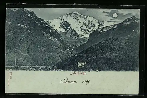 Mondschein-AK Interlaken, Panorama mit Hotel
