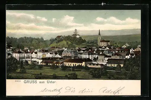 AK Uster, Ortsansicht mit Fabrik und Kirche