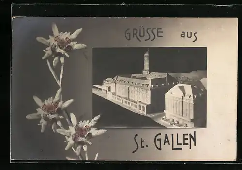 Passepartout-AK St. Gallen, Modell des neuen Postgebäudes, Edelweiss
