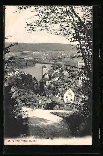 AK Brugg, Ortsansicht mit Kirche und Fluss