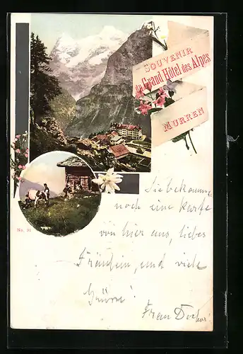 AK Mürren, Grand Hotel des Alpes, Kuh auf der Weide