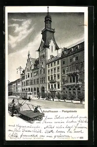 AK Schaffhausen, Strassenpartie mit Strassenbahn am Postgebäude
