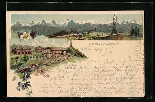 Lithographie Gurten b. Bern, Restaurant Gurten, Panorama mit Aussichtsturm