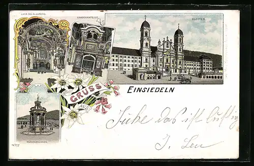 Lithographie Einsiedeln, Kloster, Gnadenkapelle und Marienbrunnen