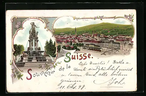 Lithographie St.-Gallen, Monumentalbrunnen und Stadtansicht von oben