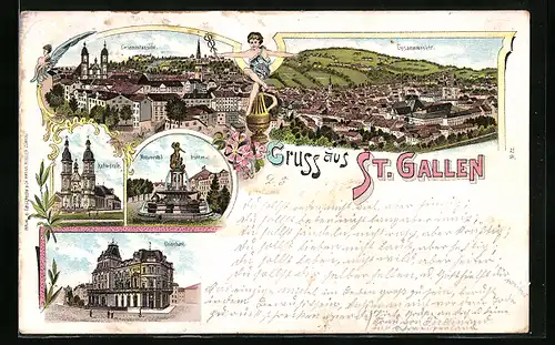 Lithographie St. Gallen, Kathedrale, Unionbank und Monumental-Brunnen
