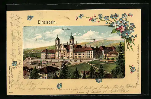 Lithographie Einsiedeln, Kloster mit grossem Platz