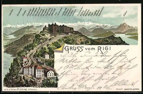 Lithographie Rigi, Hotels, Rigi-Bahn und Alpenpanorama