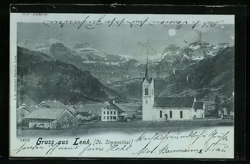 Mondschein-AK Lenk, Ortsansicht mit Kirche im Vollmondlicht