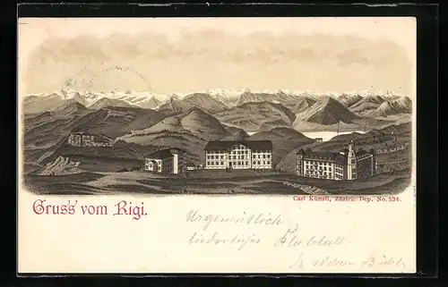 Lithographie Rigi, Gebirgszug mit Hotel Rigi-Kulm