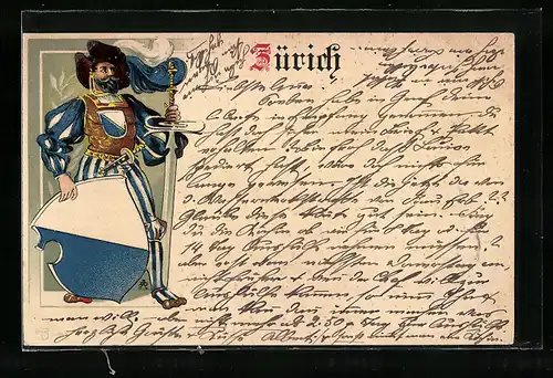 Lithographie Zürich, Edelmann in Blau-Weiss mit Schwert und Schild