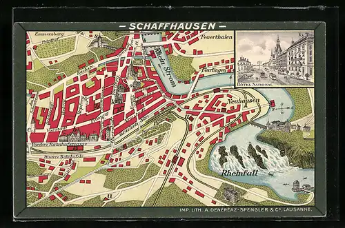 Künstler-AK Schaffhausen, Hôtel National, Stadtkarte mit Rheinfall, Neuhausen und Flurlingen
