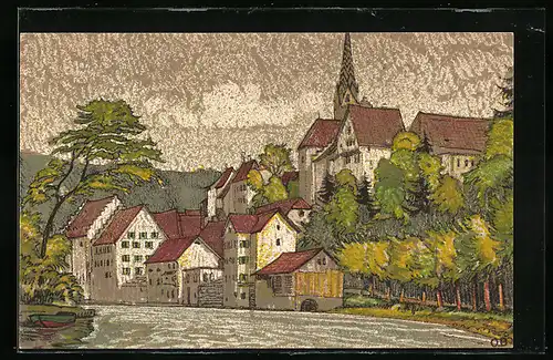 Künstler-AK Baden, Ortsansicht mit Kirchturm