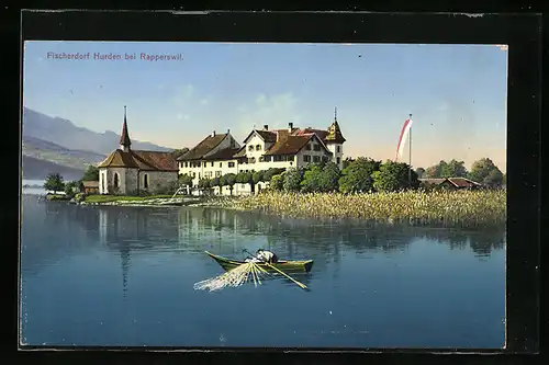 AK Hurden b. Rapperswil, Flusspartie mit Fischer und Blick auf das Fischerdorf