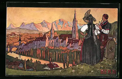 Künstler-AK Bern, Blick auf die Stadt vom benachbarten Berge