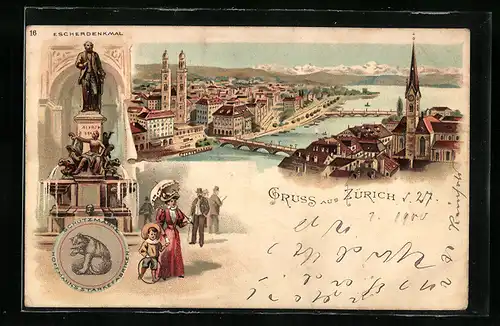 Lithographie Zürich, Escherdenkmal, Ortspartie mit Brücke