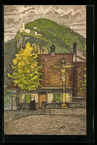 Künstler-AK Baden, Schartenfels, Ortspartie mit Häusern und Christuskreuz