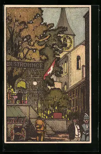 Künstler-AK Zürich, Gasthaus Strohhof und Peterskirche