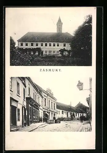 AK Zásmuky, Strassenpartie im Ortskern, Schloss