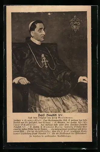 Künstler-AK Papst Benedikt XV. mit Kreuzkette und Ring